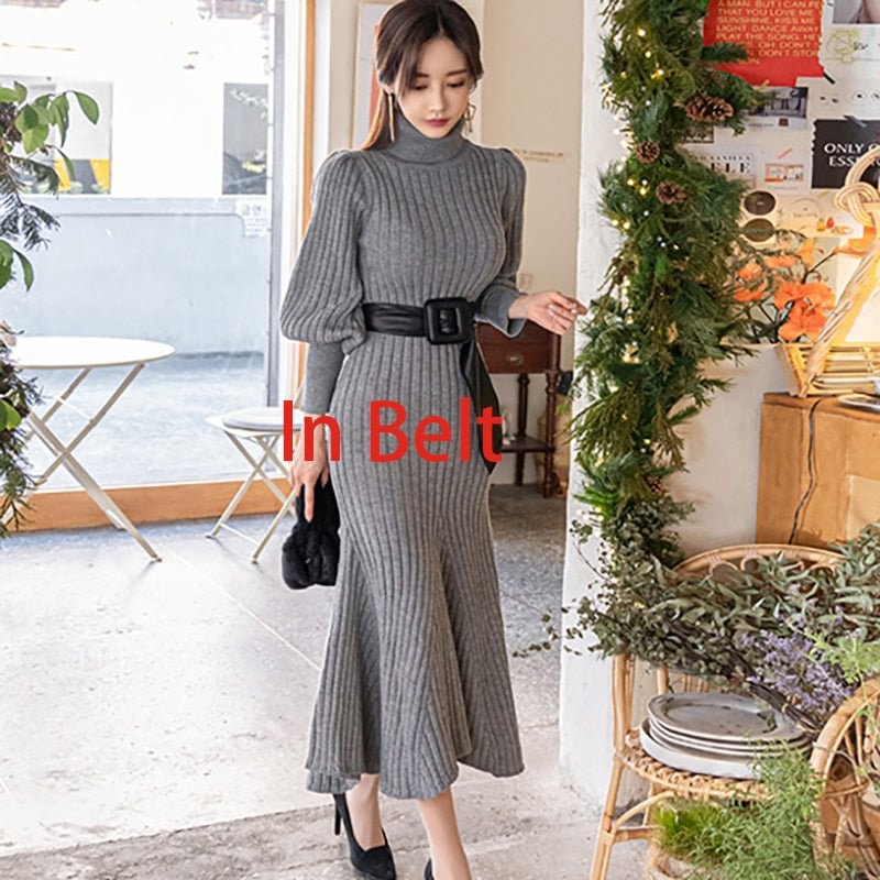 Autumn and Winter 2020 New Korean Style High collar Slim Long Sleeve Frenulum Jersey Dress Women's Fashion