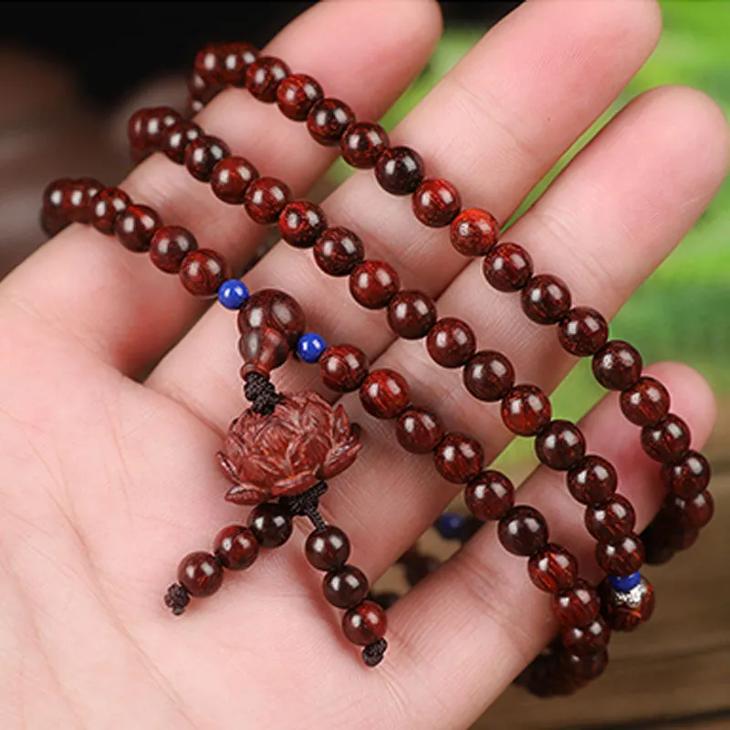 Tibetan Small Leaf Red Sandalwood Mala Lotus Blessing Necklace Bracelet
