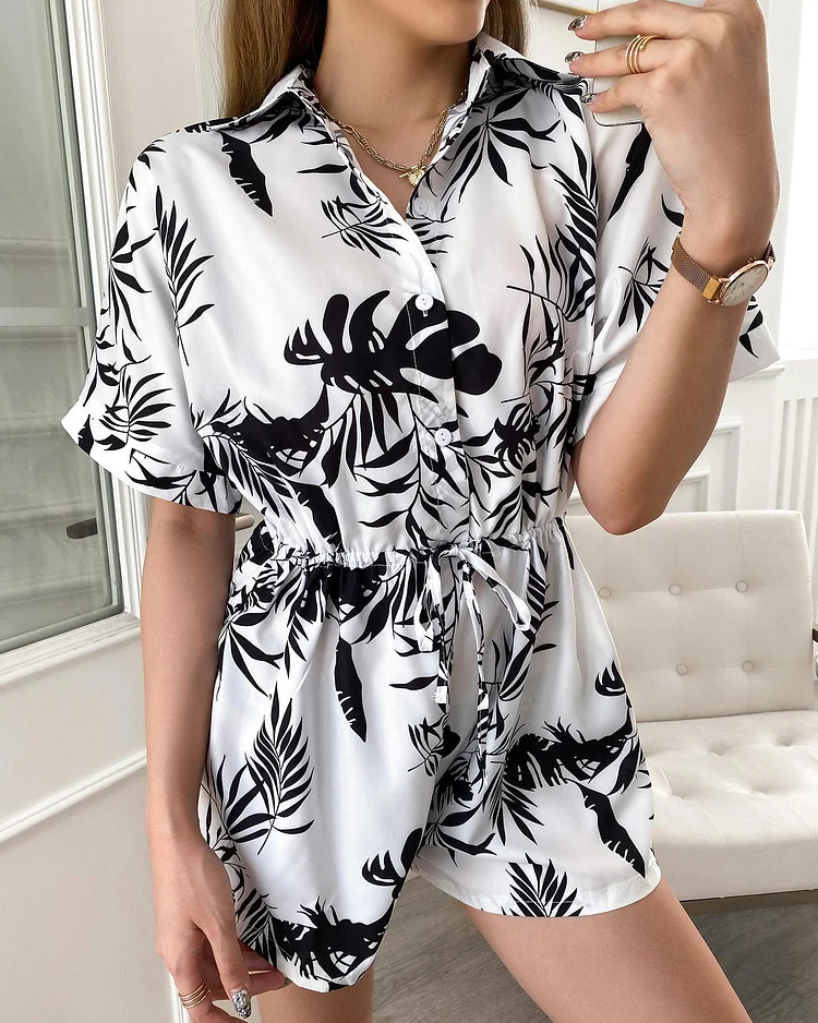 Tropical Print Button Front Short Sleeve Romper P6709892607