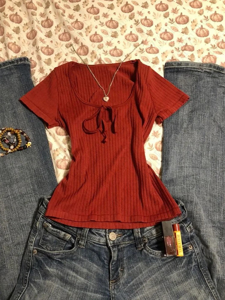 Aonga Solid color casual Harajuku tops V-neck chic silm90S tops street rock American retro grunge punk fashion hip-hop women's T-shirt aonga