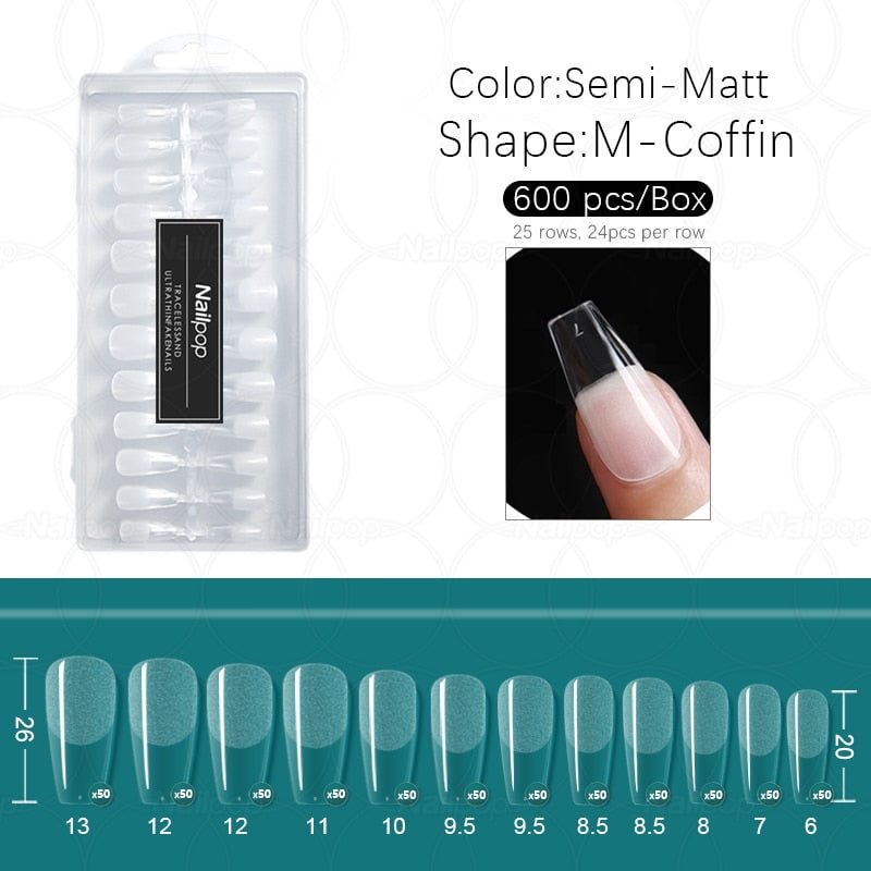 Nailpop 600pcs PRO Clear Semi-Matte Almond Coffin Full/Half Acrylic Square False Nail Tips for Extension Tip Manicure tool