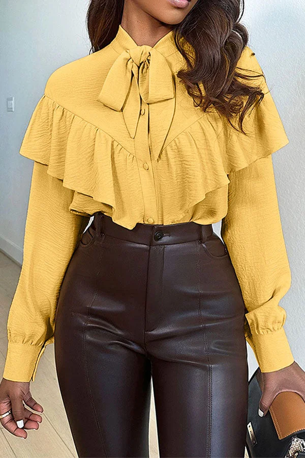 Solid Color Ruffle Preppy Pussy Bow Blouse