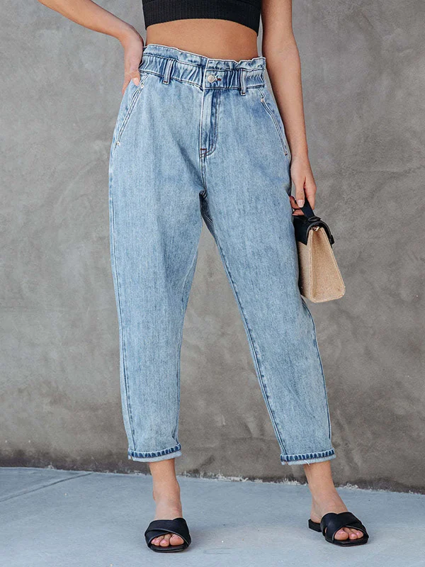 High Waisted Loose Elasticity Split-Joint Jean Pants Bottoms