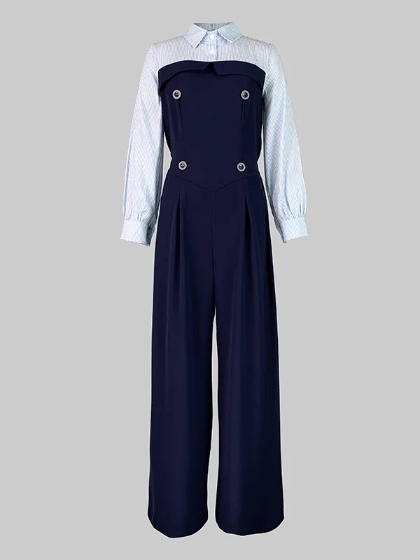 Long Sleeves lapel Button Pants Jumpsuit