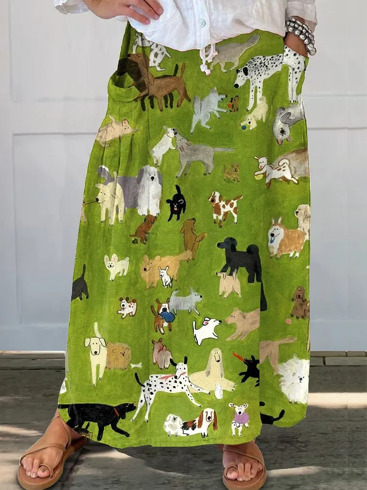 Womens  Cute Dogs Dog Lover Art Linen Pocket Skirt