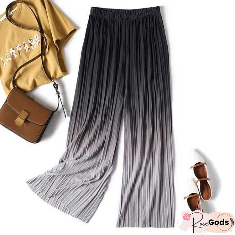 Fashion Gradient Color Wide Leg Pants Women Summer Harajuku Thin Pleated Straight Trousers High Waist Elastic Y2K Pants