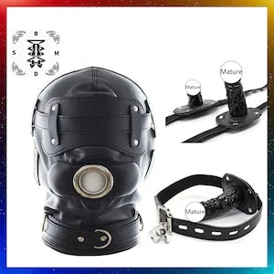 pornhint Pornhint BDSM Hood with Removable Silicone Dildo Gag&Blindfold Customizable,Two Size Dildo Mouth Gag,Lockable Leather Head Hood BDSM Fetish Sex Toys