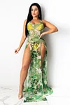 Flower Print Beach Dresses Slit Vacation Dress
