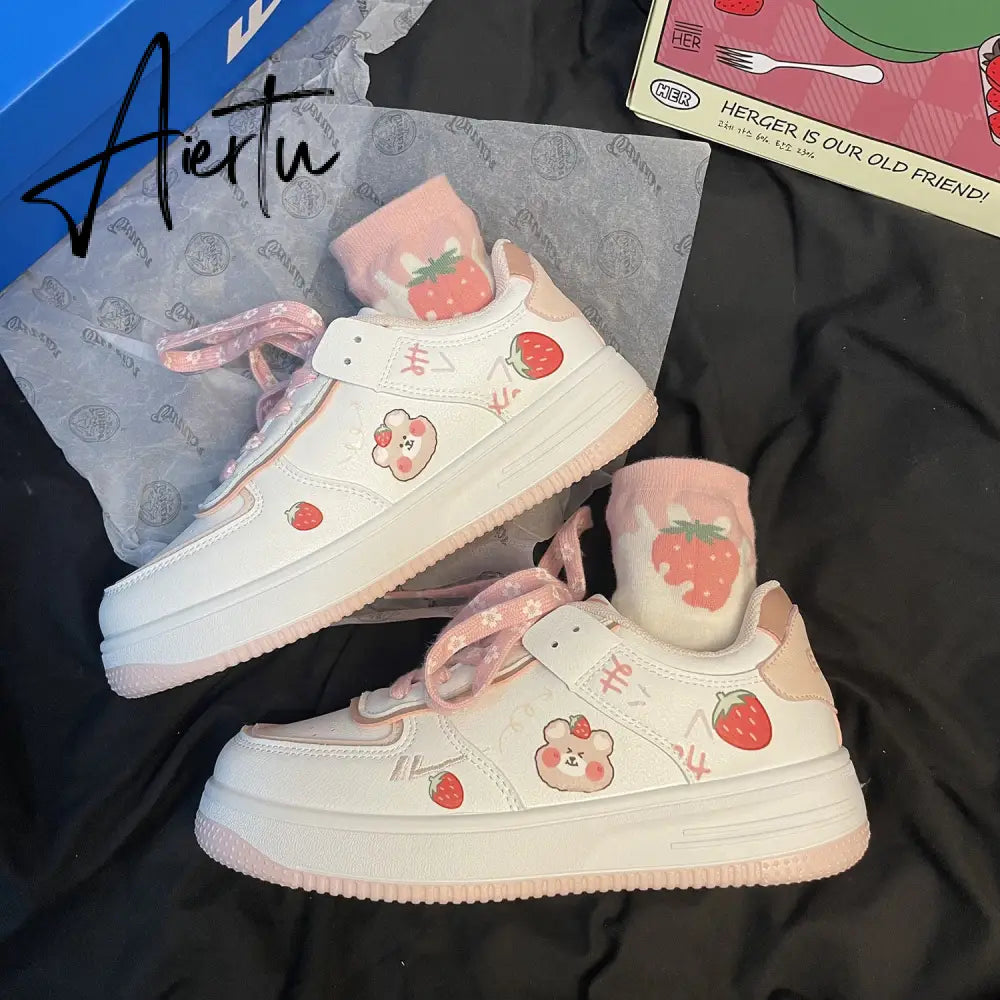 New Women Cute Cartoon Little Bear Strawberry Flat Kawaii Shoes Japanese Female Platform Casual Tennis Vulcanized Sneakers Aiertu