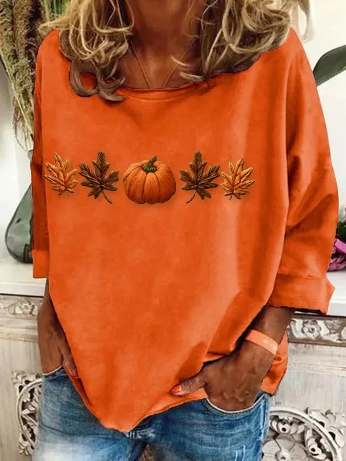 Women's Fall Thanksgiving Pumpkin Maple Leaf Print Style Sweatshirt 