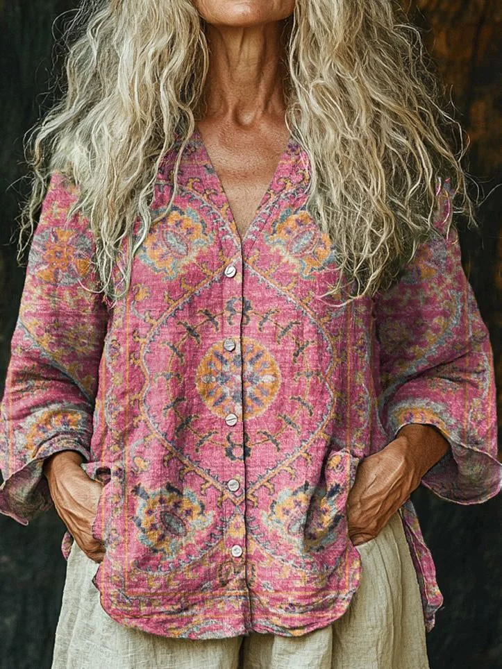 Women's Vintage Flowers Totem Print Linen And Cotton V-neck Casual Shirt