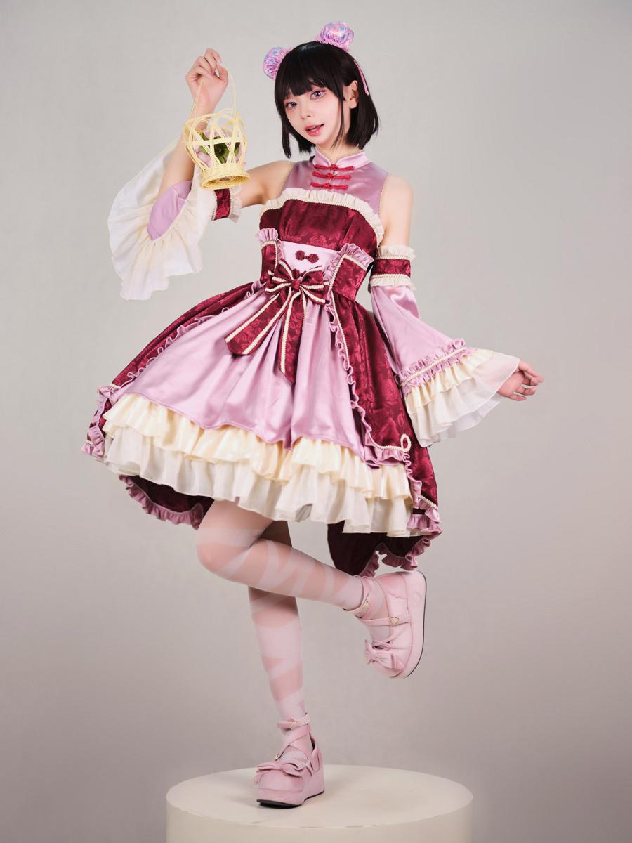 Chinese Style Lolita Dress Bows Sleeveless Chiffon Floral Print Burgundy Lolita Dress