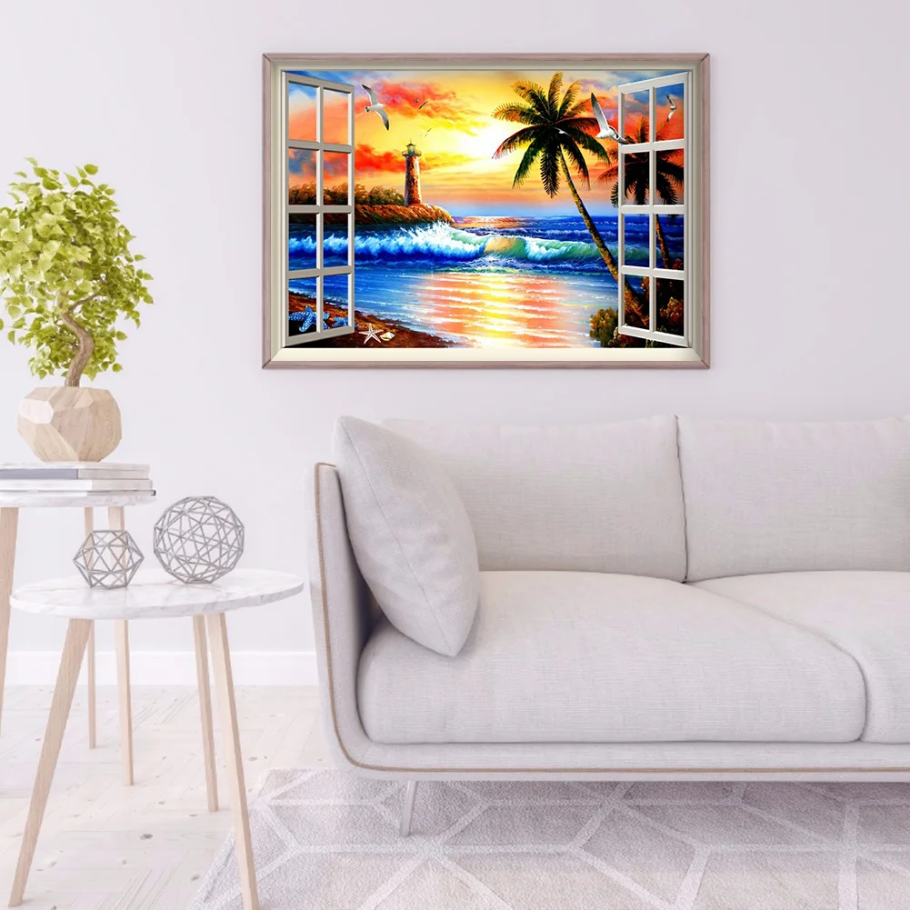 Diamond Painting - Full Round Drill - Sunset Window Beach(40*30cm)