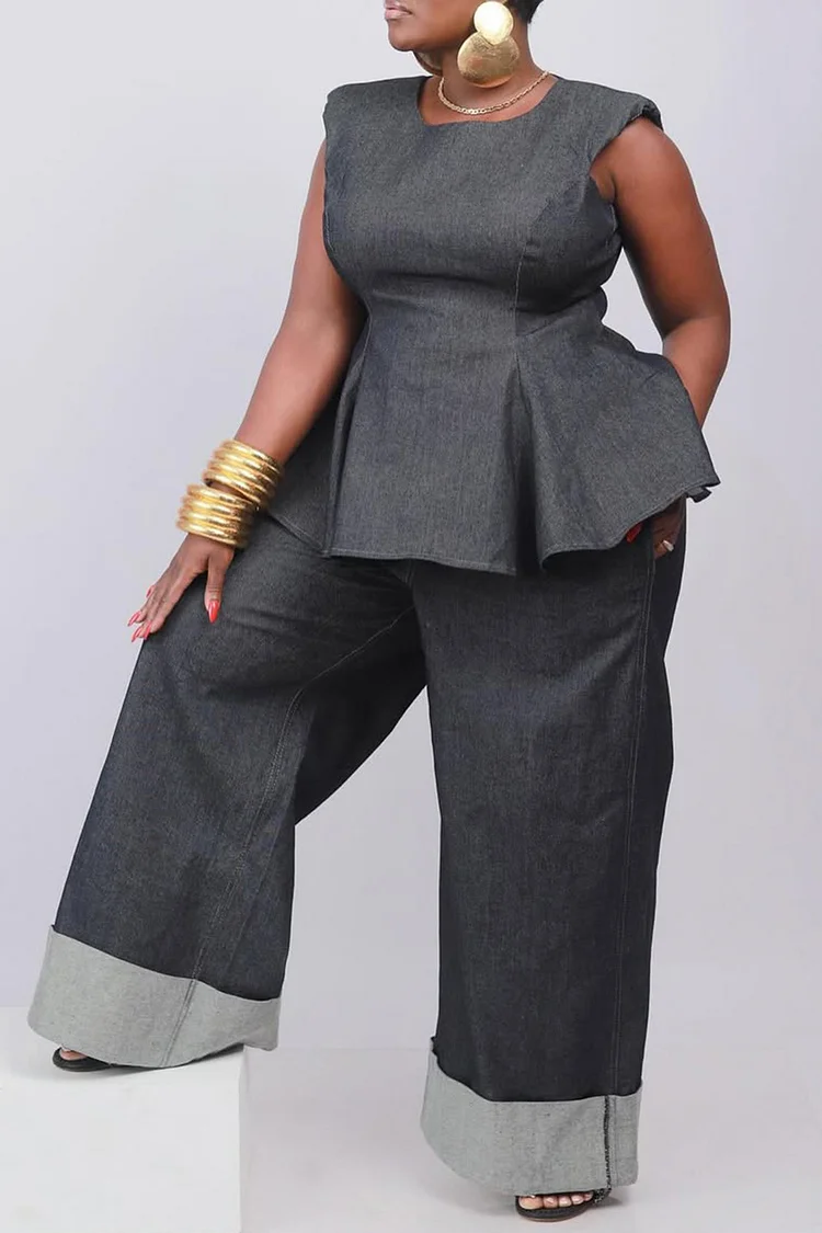 Plus Size Business Casual Blue Elegant Round Neck Pocket Ruffle Tencel Denim Two Piece Pant Sets [Pre-Order]