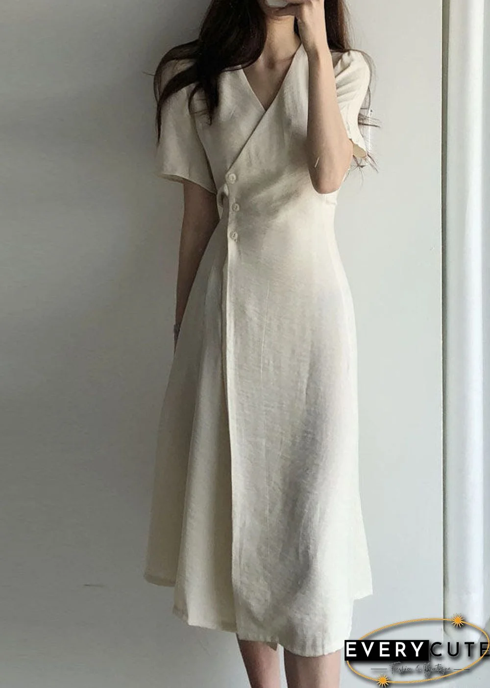 Boutique Beige V Neck fashion Cotton Long Dresses Short Sleeve