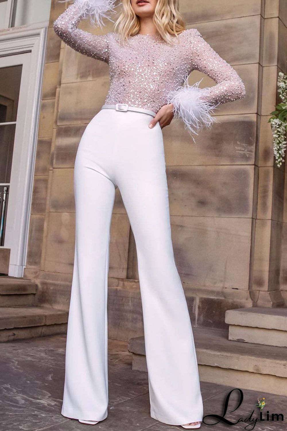 Pink Fashion Sexy Solid Patchwork Feathers Beading O Neck Straight Jumpsuits