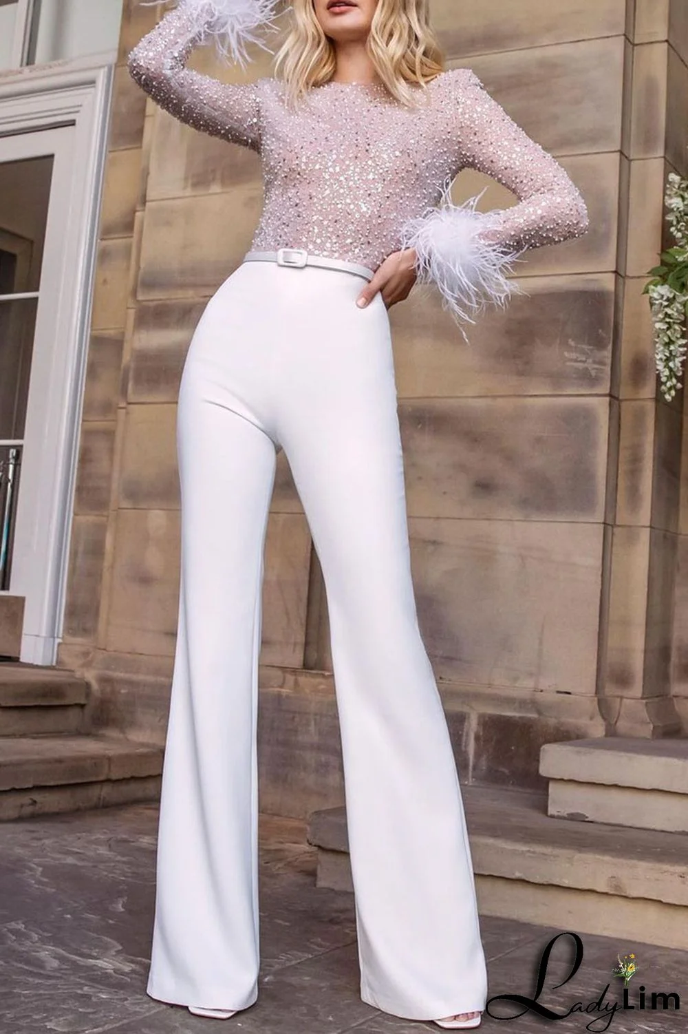 Pink Fashion Sexy Solid Patchwork Feathers Beading O Neck Straight Jumpsuits