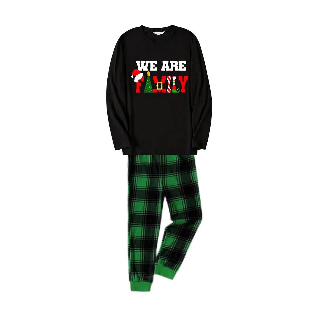 Christmas "We are Family" Text Print Black Long Sleeve Top with Green and Black Plaid Family Matching Pajamas