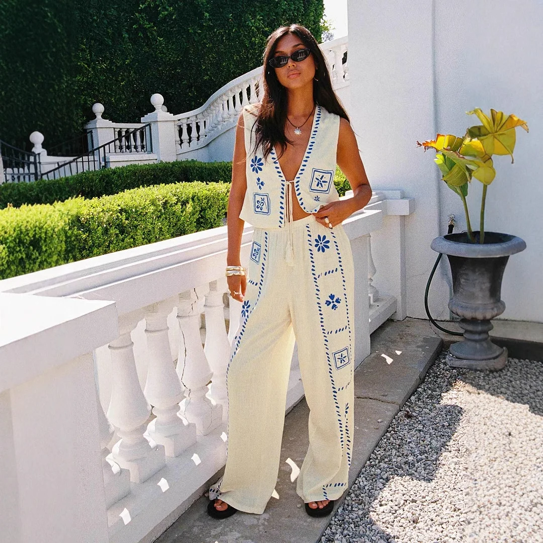 Athvotar Athvotar Fashion New Ladies Print Set Of Art Retro Sleeveless Top Broad Leg Pants Two Sets