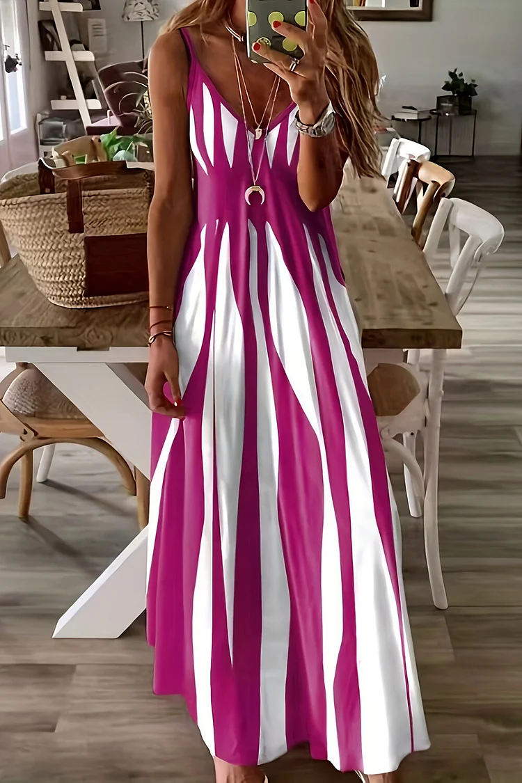 V Neck Colorblock Print Casual Slip Maxi Dresses-Fuchsia