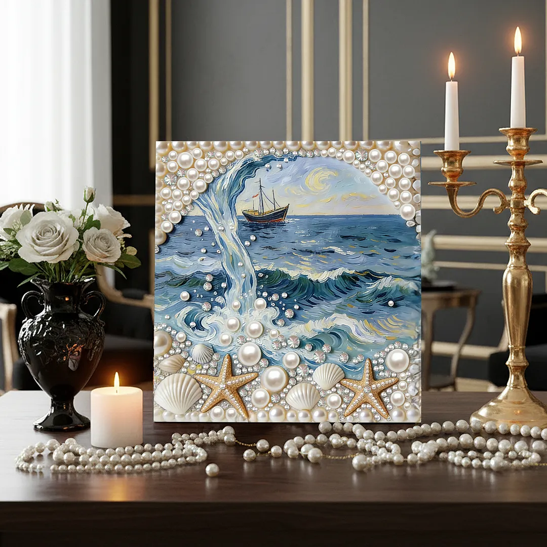 DIY Beach Seashell Starfish Pearl Painting Kit for Adults Beginners Gift Idea Home Wall Decor Pearl Gem Paintings Picture Arts Craft 30x30cm with Frame