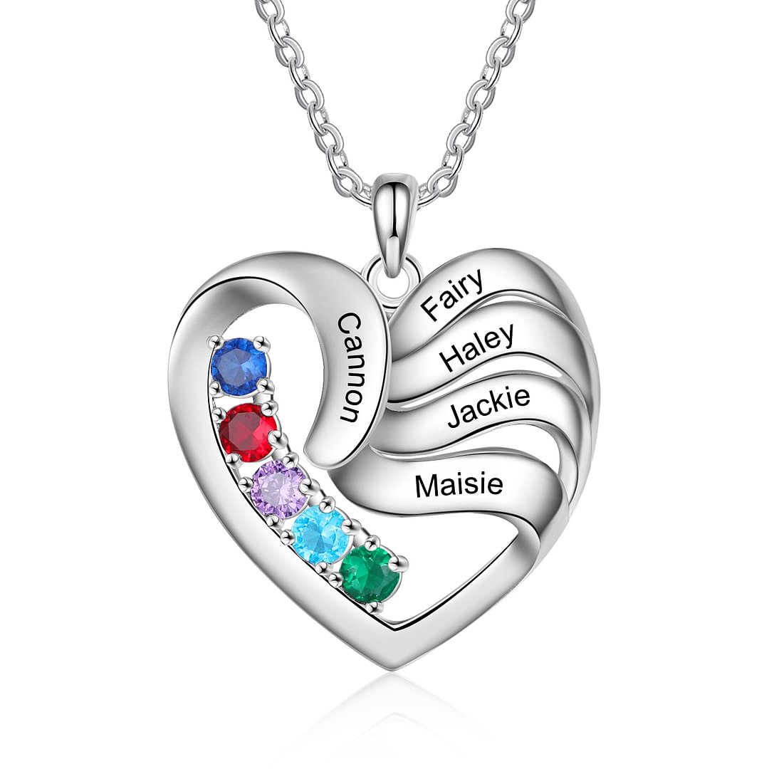 925 Sterling Silver 5 hearts Birthstone Mother Necklace