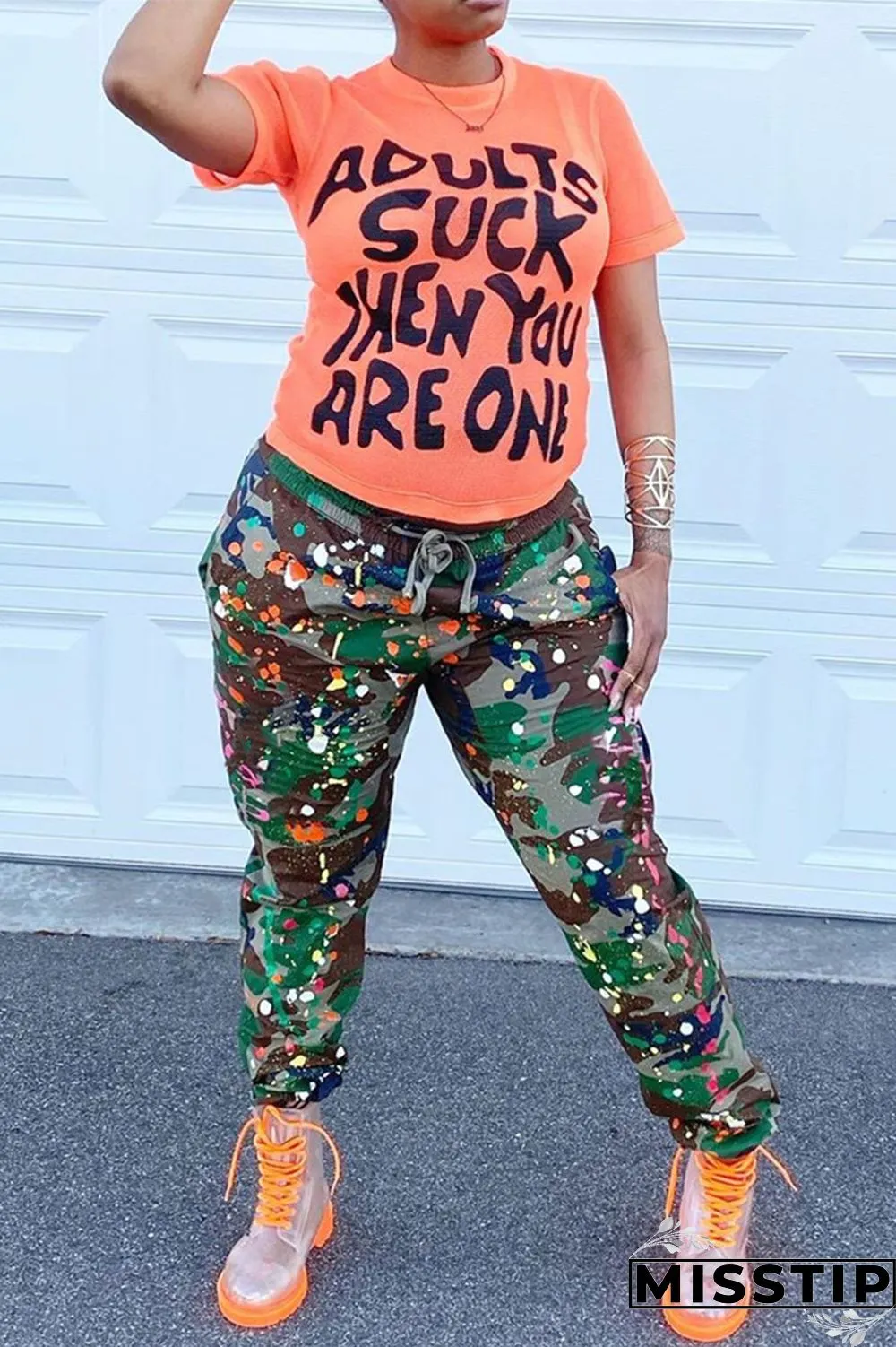 Green Fashion Camouflage Print Basic Regular Trousers
