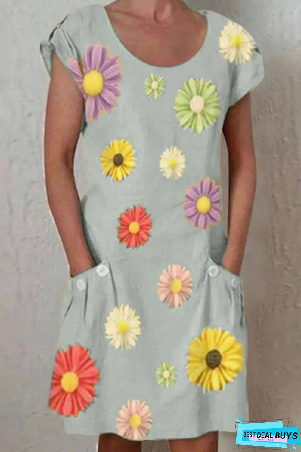 Daisy Print Paneled Short Sleeves Pockets Casual Midi Dress