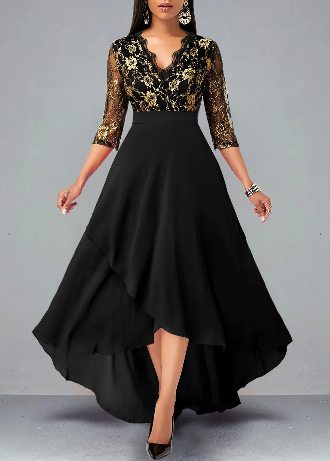 Floral Lace Patchwork High Low Black Dress