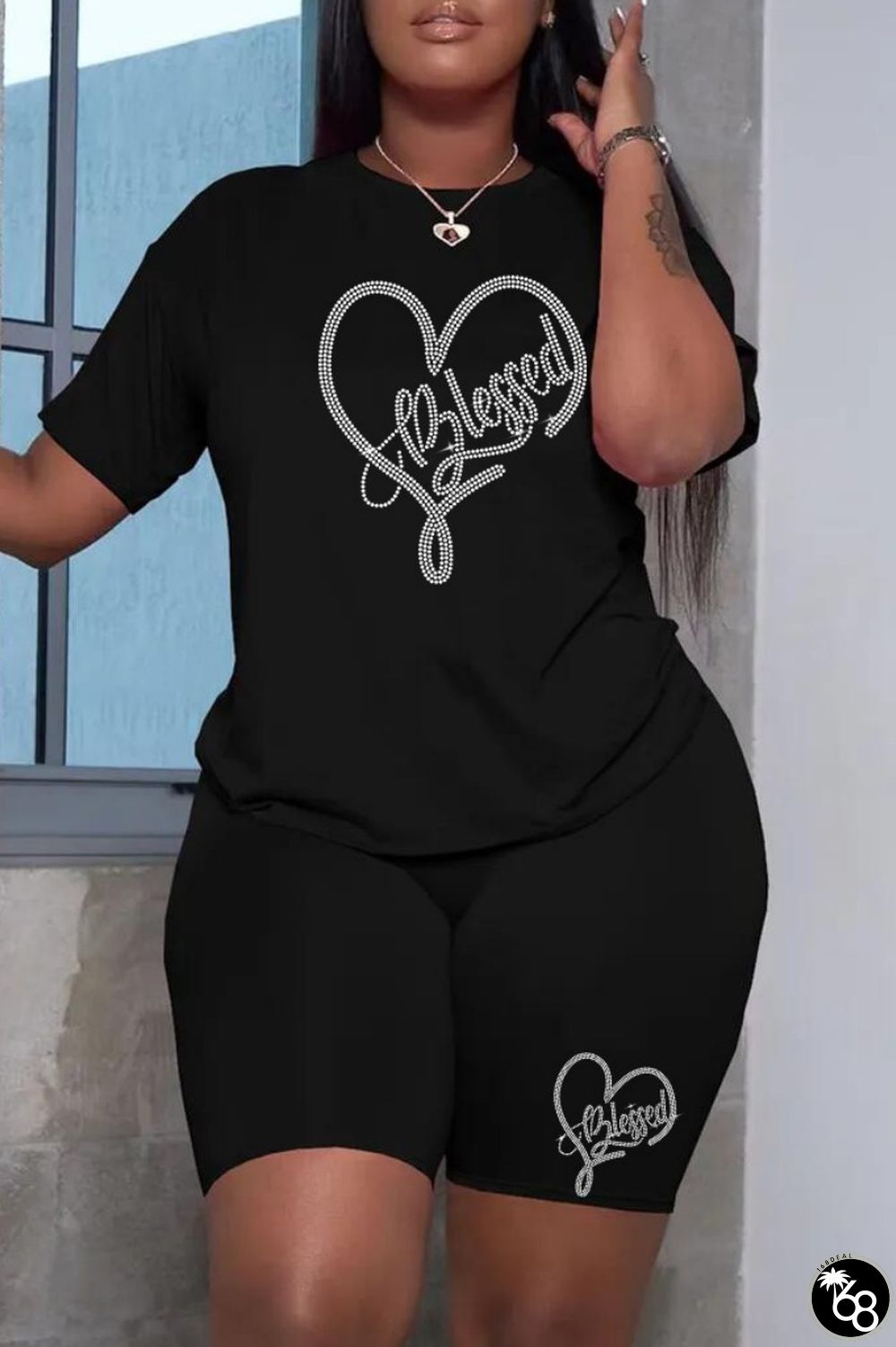 Black Casual Patchwork O Neck Short Sleeve Two Pieces | 168DEAL