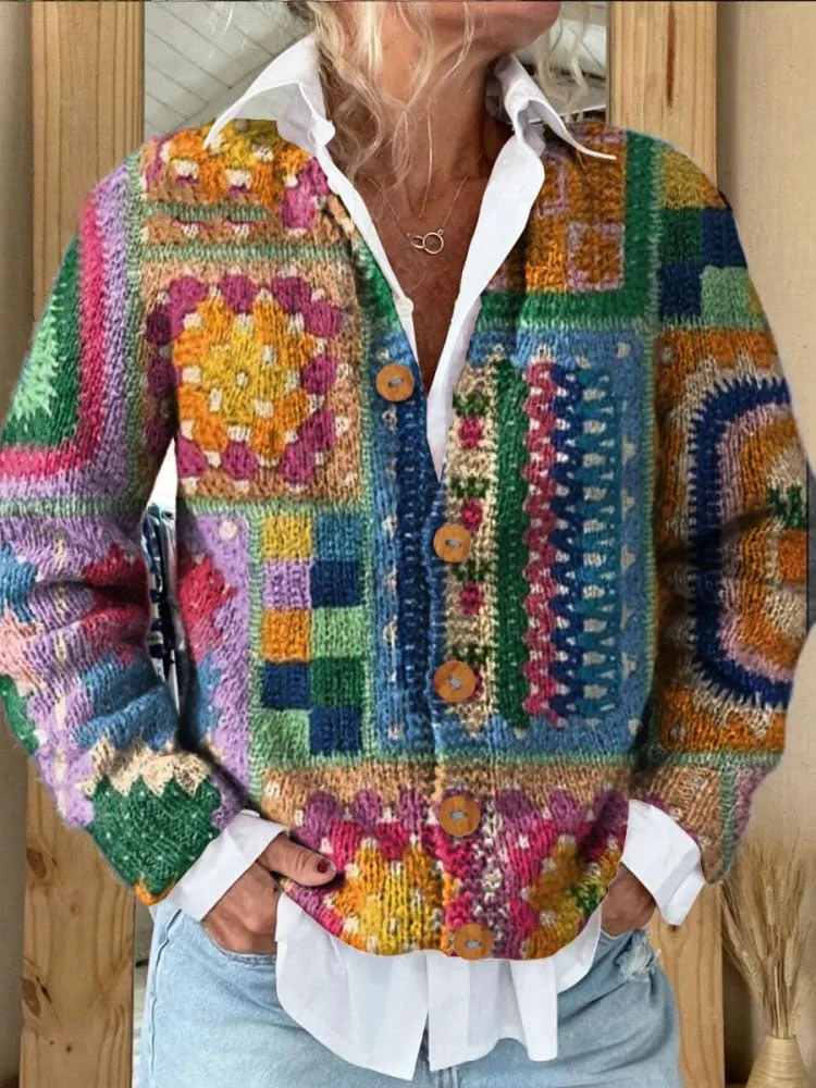 Colorful Checkered Pattern Print Buttoned Cardigan Sweater