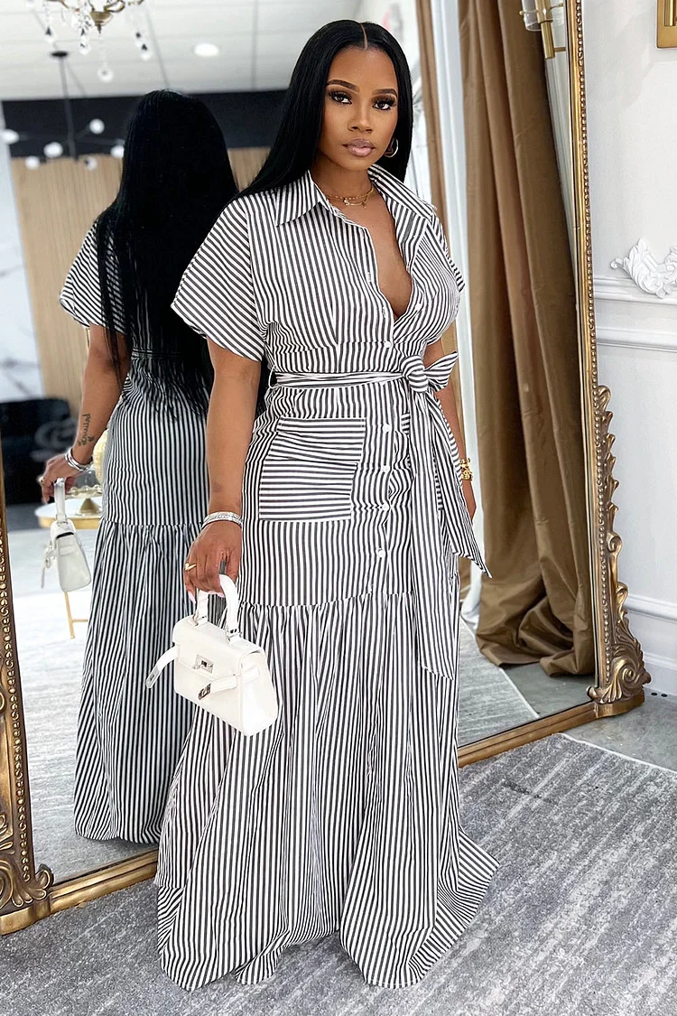 Pinstripe Short Sleeve Quilted Vacation Maxi Shirt Dresses-Black