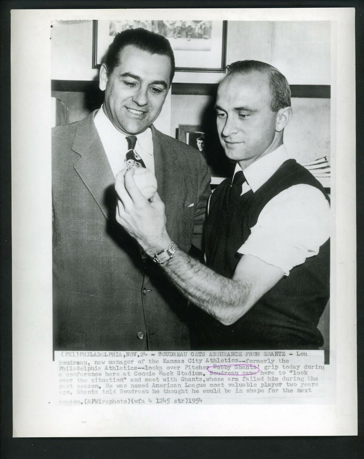 Lou Boudreau & Bobby Shantz 1954 Press Photo Poster painting Kansas City Athletics