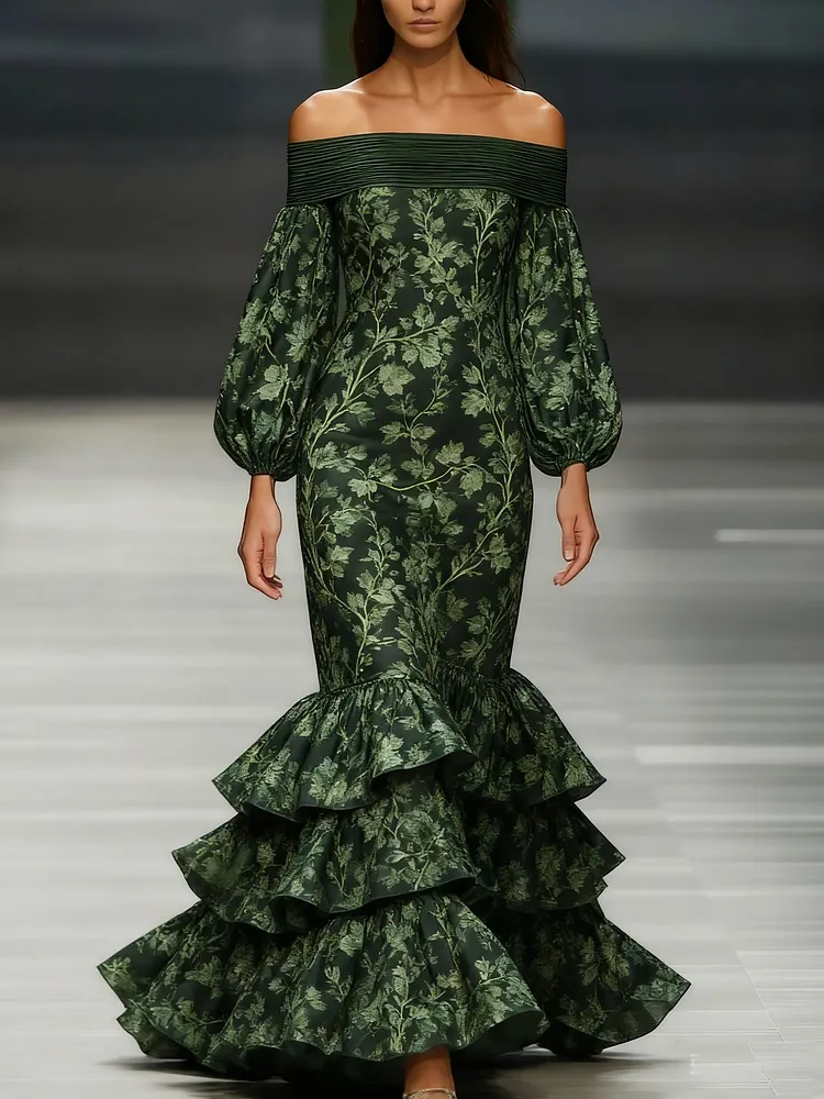 Women's off-the-shoulder long-sleeved green chiffon dress