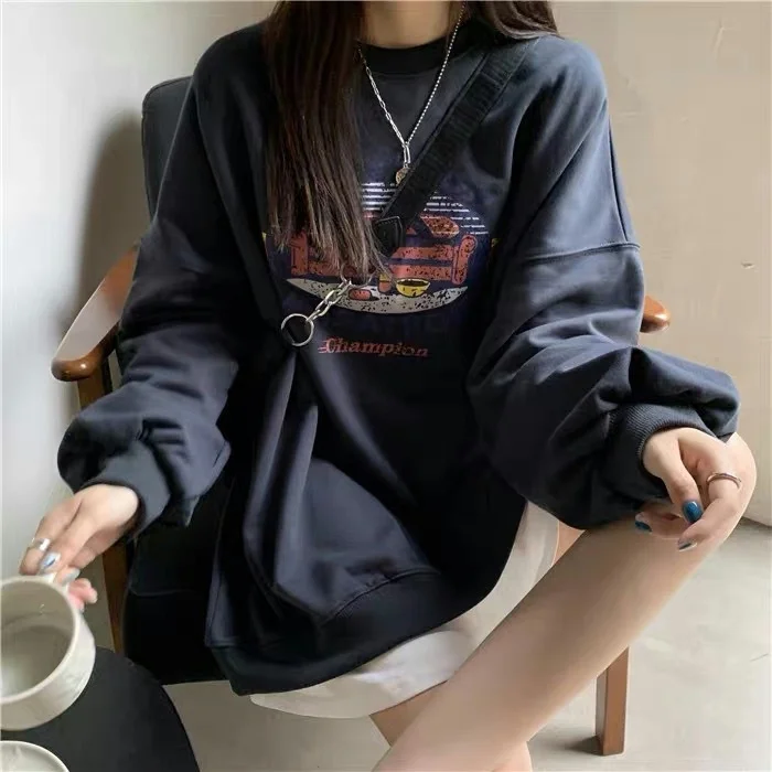 American retro printed crew neck sweatshirt women's autumn clothing student undershirt common style casual loose top thin fashion
