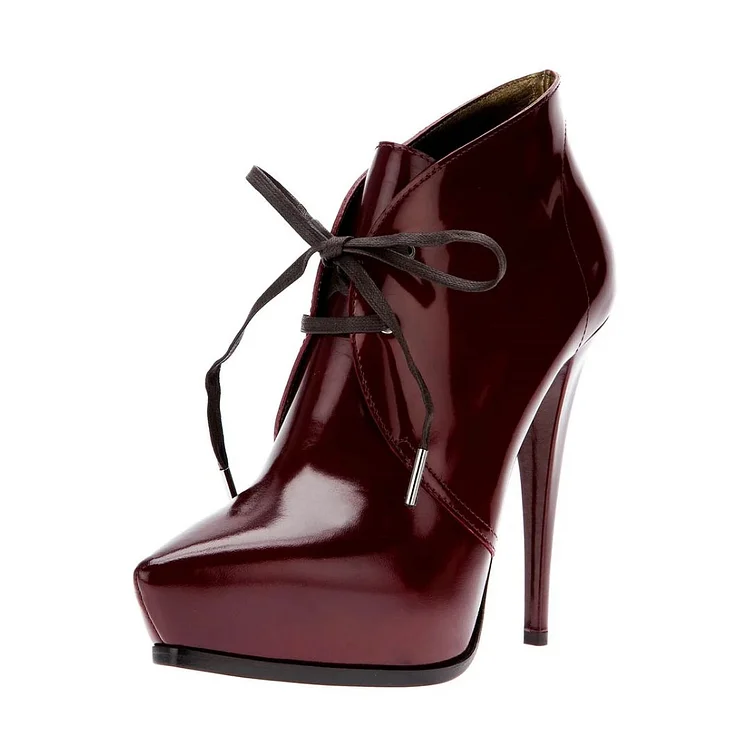 Burgundy Patent Leather Platform Ankle Boots Lace Up Stiletto Shoes |FSJ Shoes
