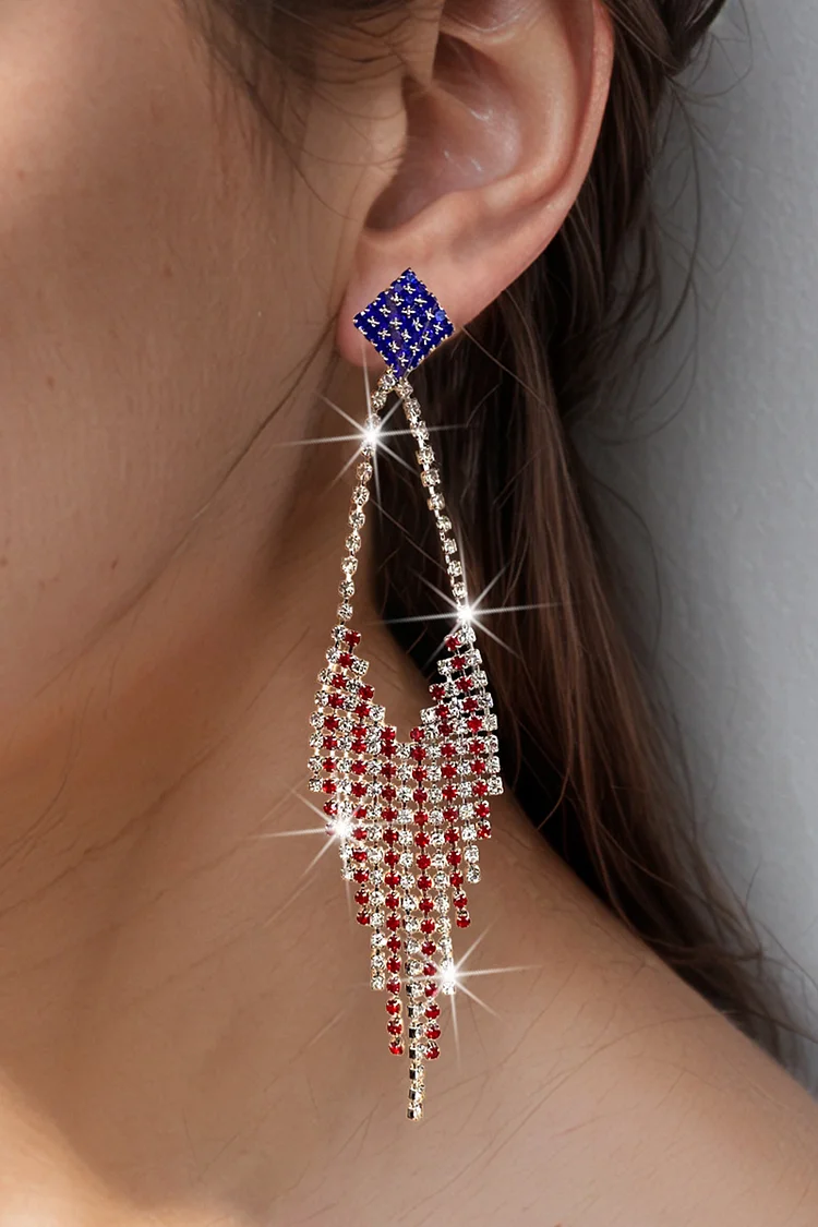 Fashion Silver Independence Day Full Rhinestone Tassel Earrings 2024 - Xpluswear