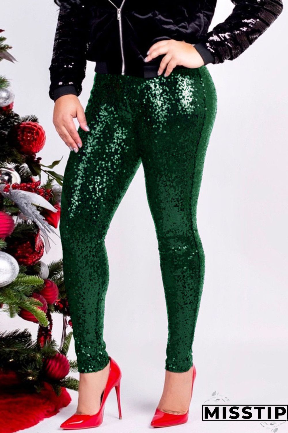 Red Fashion Party Solid Sequins Sequined Skinny Mid Bottoms