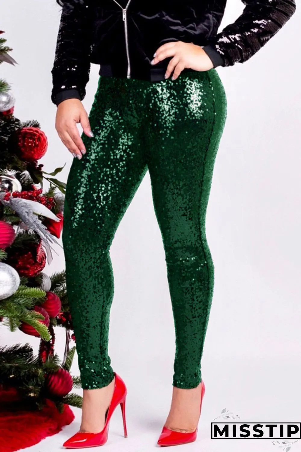 Red Fashion Party Solid Sequins Sequined Skinny Mid Bottoms