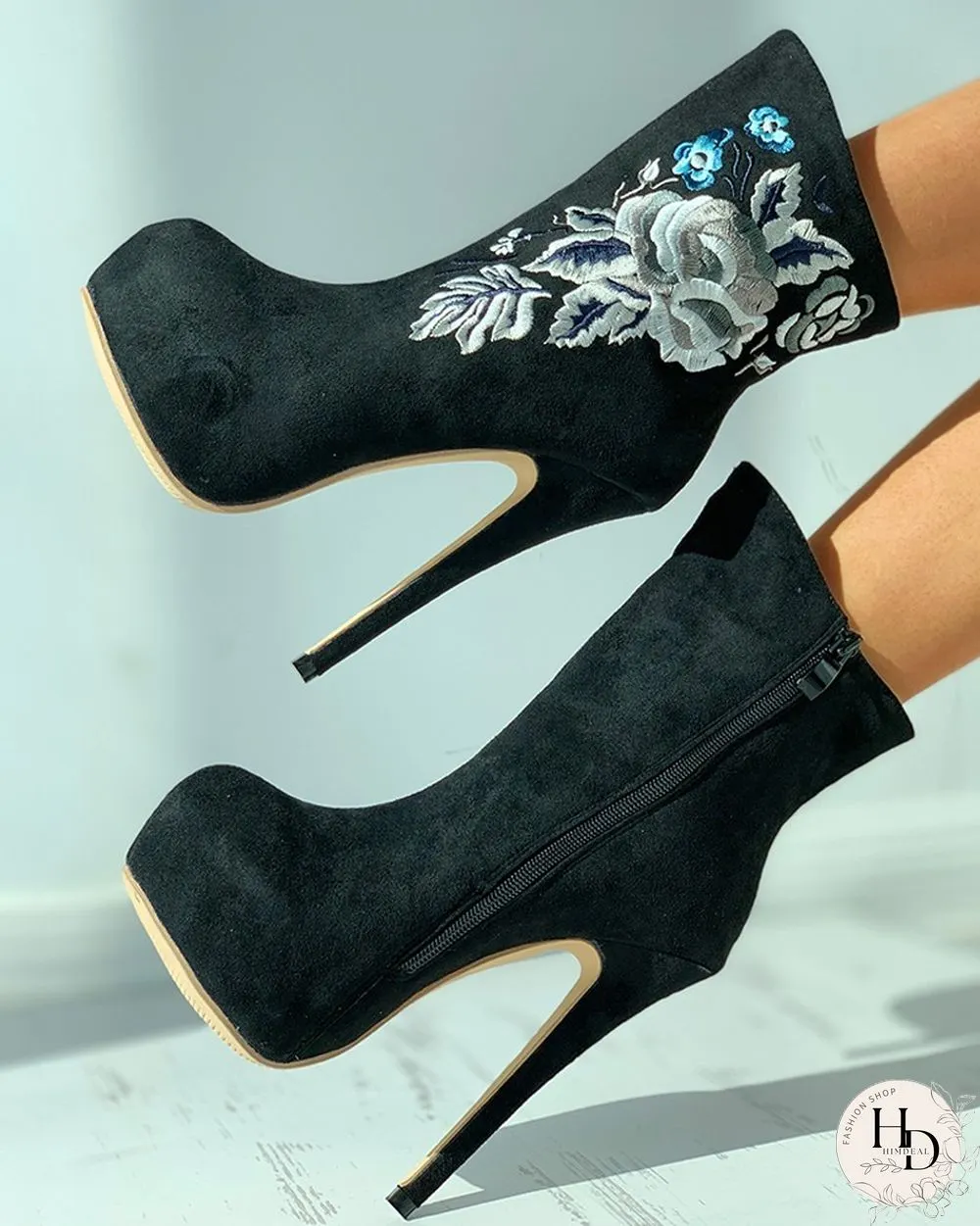 Floral Embroidery Suede Stiletto Heel Boots
