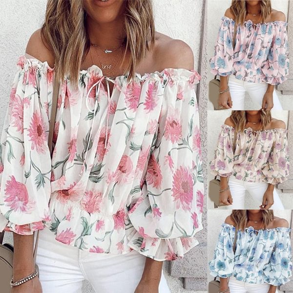 Loose Casual Chiffon Shirt Summer One-neck Off-shoulder Puff Sleeve Printed Women's Blouse Tops Plus Size - Shop Trendy Women's Fashion | TeeYours