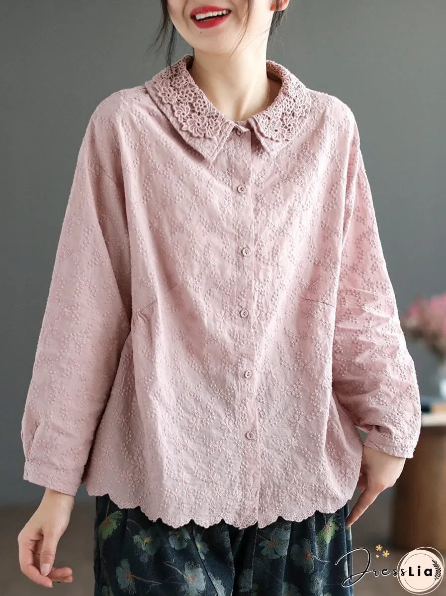 Women Spring Retro Embroidery Double Layers Blouse