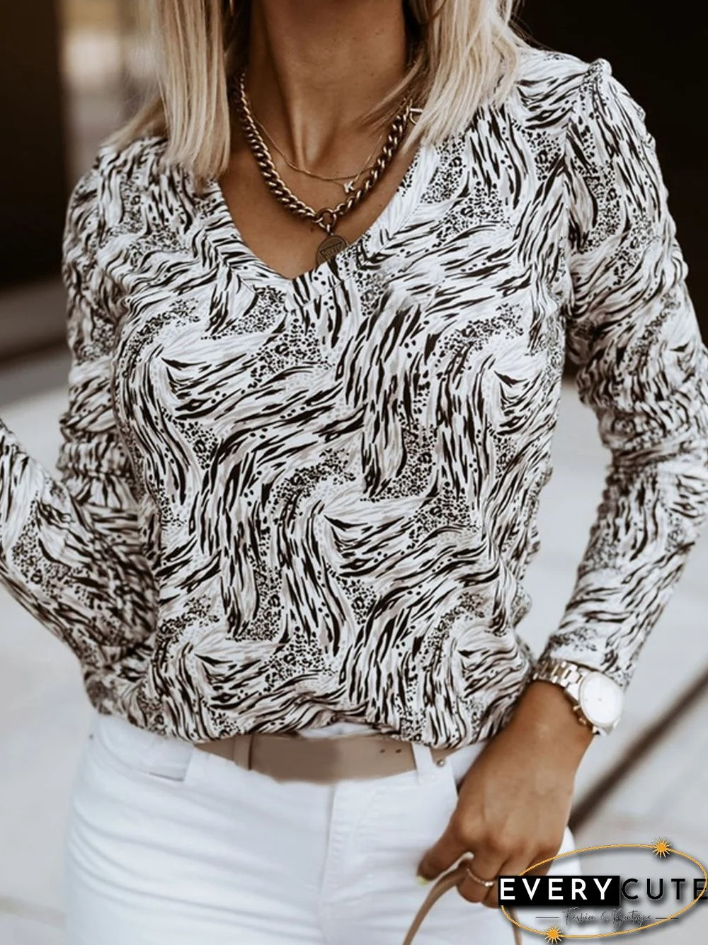 Abstract Printed Casual V-neck Long Sleeve T-Shirt