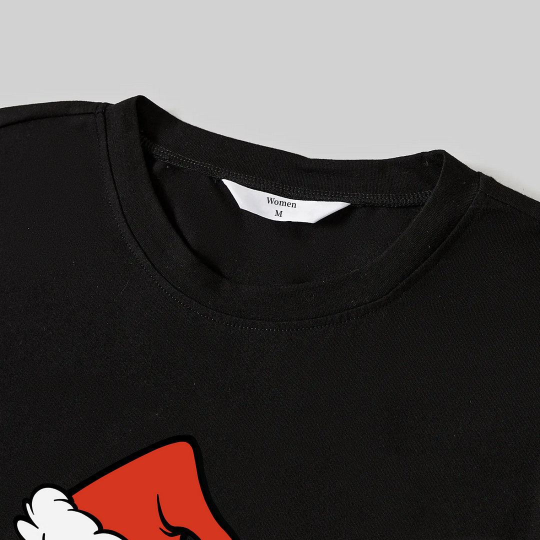 Christmas Cartoon Pattern Print Black Long Sleeve Top with Red & White & Green Plaid Family Matching Pajamas