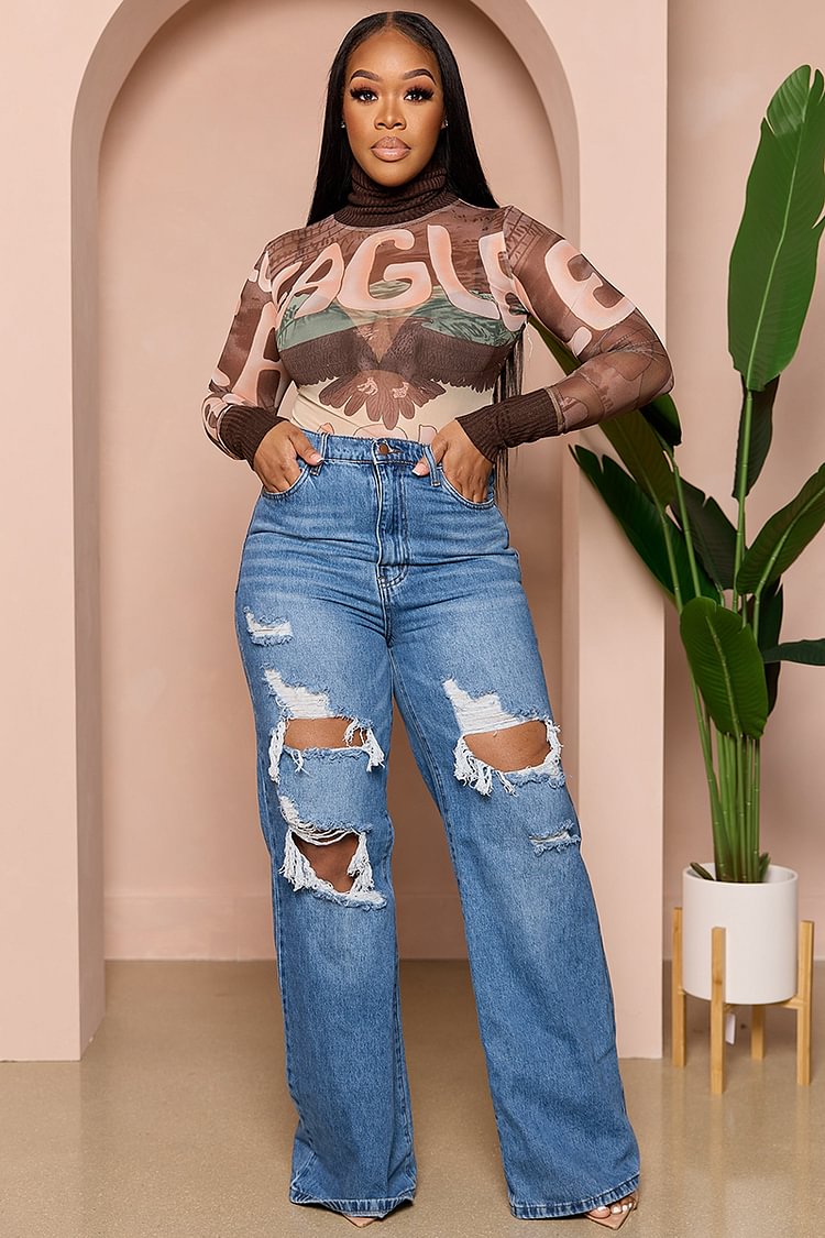LORAGAL Letter Print High Neck Mesh Patchwork T-shirt