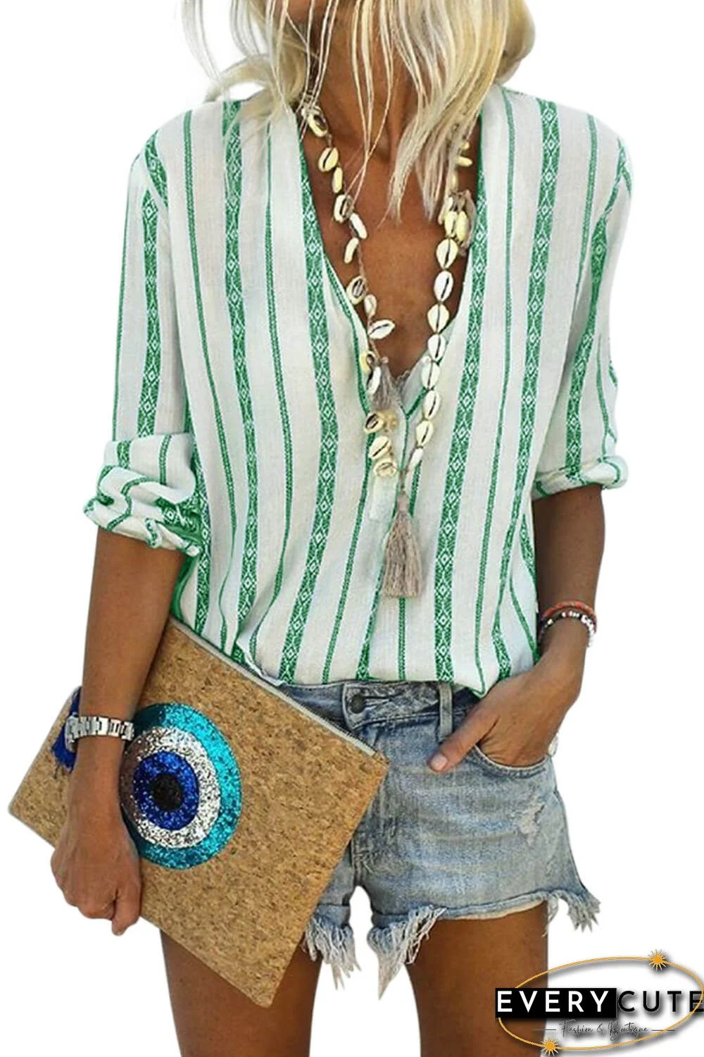 Green V Neck Striped Button Down Blouse