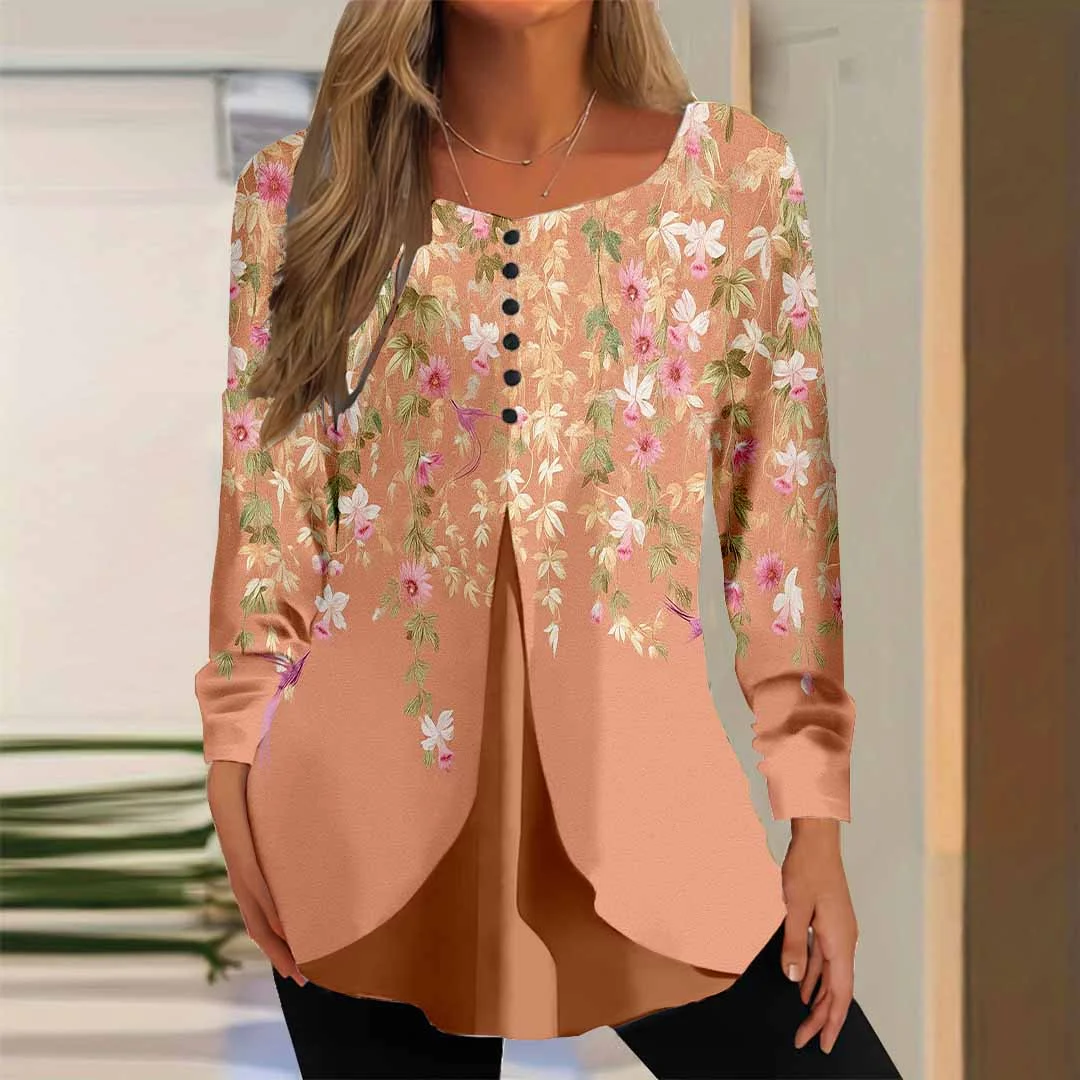 Women Floral,Orange DZGG8323 Long Sleeve Scoop Neck Printed Graphic Button Fake 2in1 Tops