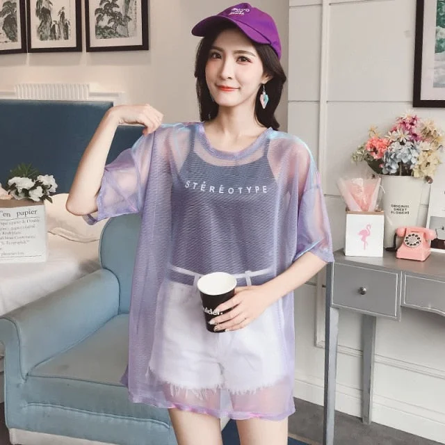 Fashion Hollow Out T Shirt Women Sexy Transparent Summer Tops Ladies Short Sleeve Loose Two set T-Shirts Women Tee Shirt