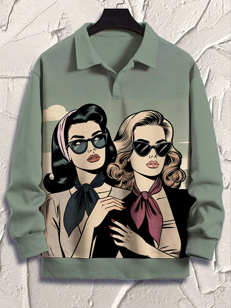 Men's Retro 90s Ladies Art Print Casual Polo Sweatshirt
