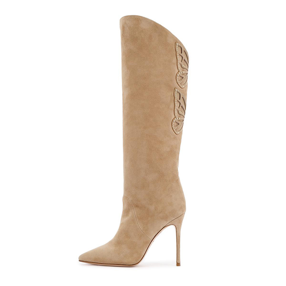 Nude Suede  Knee Boots Butterfly Print Stiletto Boots Nicepairs